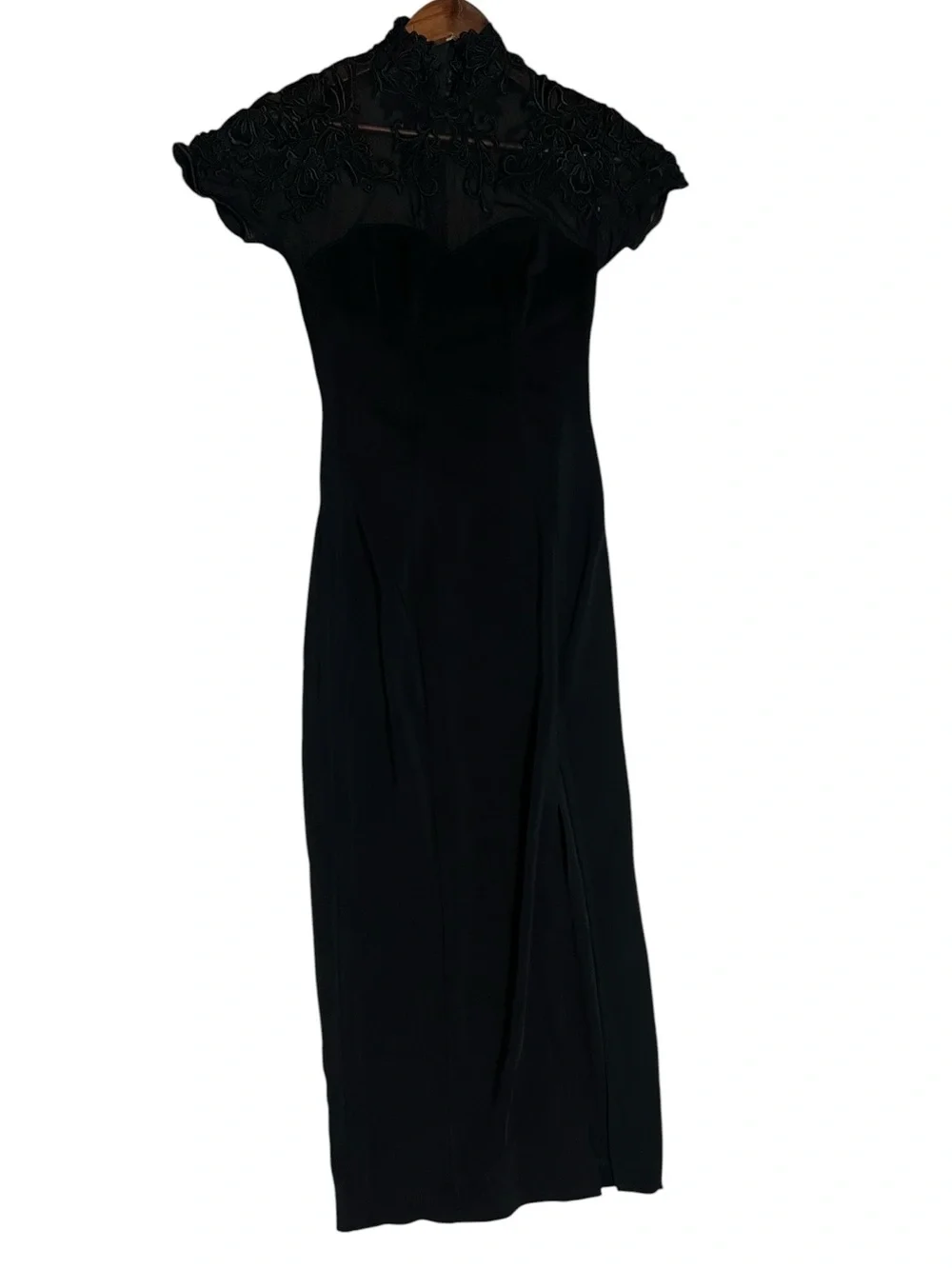 Vintage Cache Black Lace Mock Neck Maxi Dress Gown Size M Slit Whimsigoth